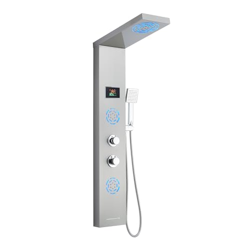 KEOKBON 5 in 1 Duschpaneel mit Armatur Batterielos Duschamaturenset LED Duschzeit und ℃ Anzeige, 2 Modi Kopfbrause Regendusche Nebeldusche LED-Massagedusche, Gebürstet Rostfreier Edelstahl Duschpaneel von KEOKBON