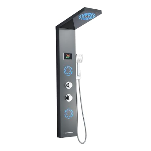 KEOKBON 5 in 1 Duschpaneel mit Armatur Batterielos Duschamaturenset LED Duschzeit und ℃ Anzeige, Regendusche Nebeldusche LED-Massagedusche, Eckmontage Duschpaneele Schwarz, Messing und Edelstahl von KEOKBON