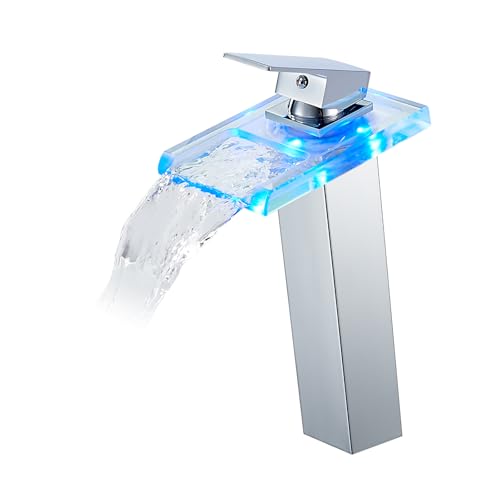 KEOKBON LED Wasserfall Wasserhahn Hoch aus Glas und Messing, 3 Farbewechsel Waschtischarmatur mit Temperatursensor Beleuchtung Bad Armatur Einhebelmischer Warmes und kaltes Waschbeckenarmatur, Chrom KEOKBON LED Wasserfall Wasserhahn Hoch aus Glas und Messing, 3 Farbewechsel Waschtischarmatur mit Temperatursensor Beleuchtung Bad Armatur Einhebelmischer Warmes und kaltes Waschbeckenarmatur, Chrom von KEOKBON