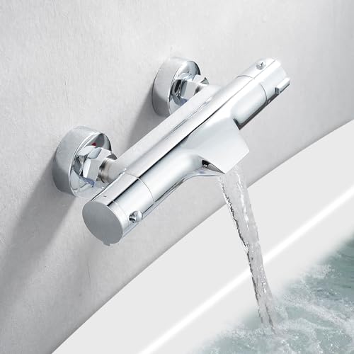 KEOKBON Duscharmatur mit Thermostat Mischbatterie Dusche mit 38 ° C Sicherheitssperre Wasserhahn Badewanne Armatur Wasserfall Badewannenarmaturen, Ventilkern Abnehmbar und Chrom-Finish für Badezimmer von KEOKBON