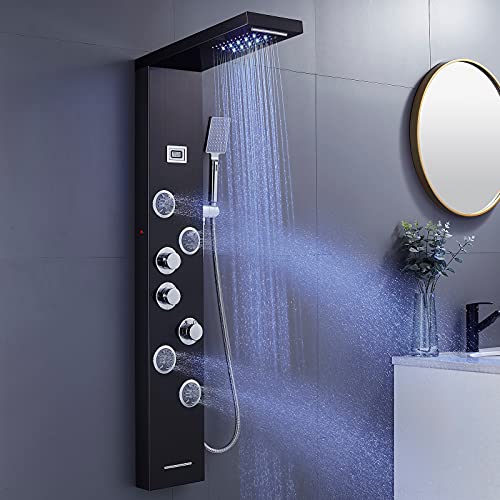 KEOKBON Duschpaneel Regendusche Edelstahl Schwarz mit LED-Lichter,5 Funktionen Duschsystem mit Handbrause, Massagedusche und Wasserfall Dusche von KEOKBON