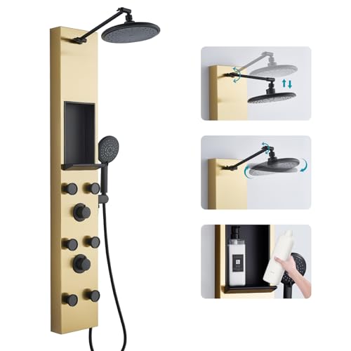 KEOKBON Gold 3 in 1 Duschpaneel mit Ablage and Höhenverstellbar 20cm Kopfbrause, Duschsäule mit 6 Körperdüsen Handbrause Wanneneinlauf, Duschsystem Duschpaneele Gebürstetes Gold & Schwarz von KEOKBON