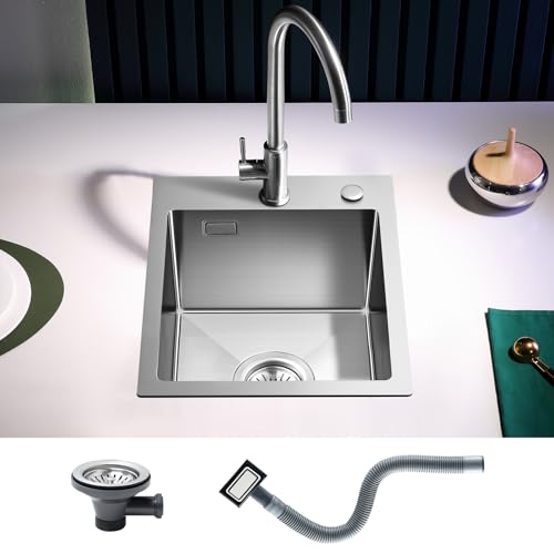 KEOKBON Edelstahl 304 Spülbecken 35x40cm, Einbauspüle mit Siebkorbventil und Abtropf-Überlauf, Klein Küchenspüle Einzelbecken mit 2 Loch für Armatur und Seifenspender(nicht enthalten) von KEOKBON