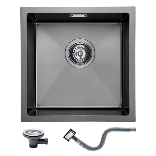 KEOKBON Edelstahl Spüle Schwarz 40 X 40 cm, Waschbecken Küche Eckig Küchenspüle mit Siebkorb und Überlaufgarnitur, Einbauspüle Klein ab 40er Unterschrank, Spülbecken Schwarz Anthrazit, Kitchen Sink von KEOKBON