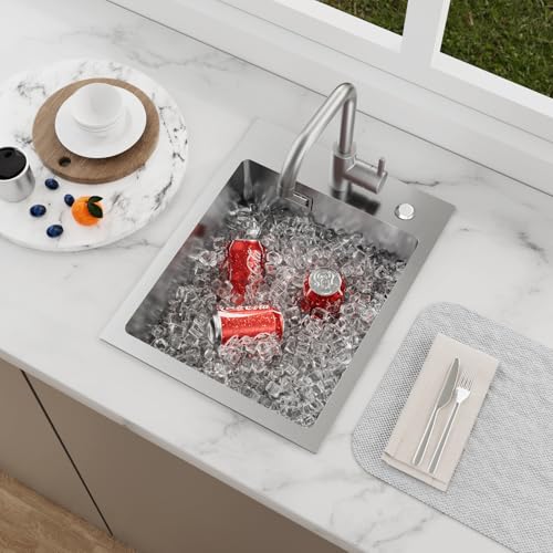 KEOKBON Klein Spülbecken Nano Silber, 35 x 40cm Spüle Küche mit 2 Hahnloch, Einbauspüle inkl Siebkorbventil & Überlauf, Küchenspüle Rechteckig, Edelstahl Eckig 1 Becken, Kitchen Sink von KEOKBON