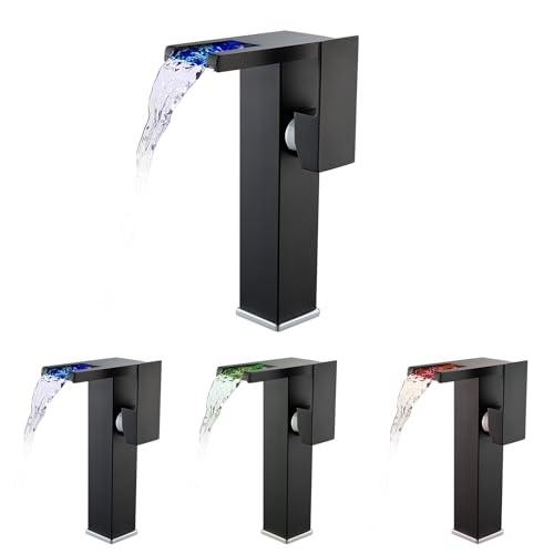 Schwarz Wasserhahn Bad LED(keine Batterie nötig), KEOKBON Hoch Wasserfall Waschtischarmatur Waschbecken Armaturen mit 226 MM Auslaufhöh, Einhebelmischer Mischbatterie für Bad, G3/8'' Anschlüsse von KEOKBON