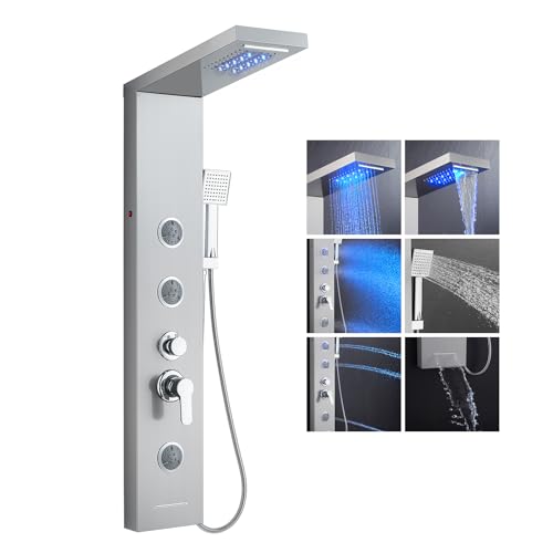 KEOKBON LED Duschpaneel Edelstahl mit Armatur 3 Wasserausgabemodi, Duschpaneele Komplett 6 Funktionen Regendusche Wasserfalldusche Hochdruck Massagedusche(2 Modus) Wanneneinlauf Handbrause Duschsystem von KEOKBON