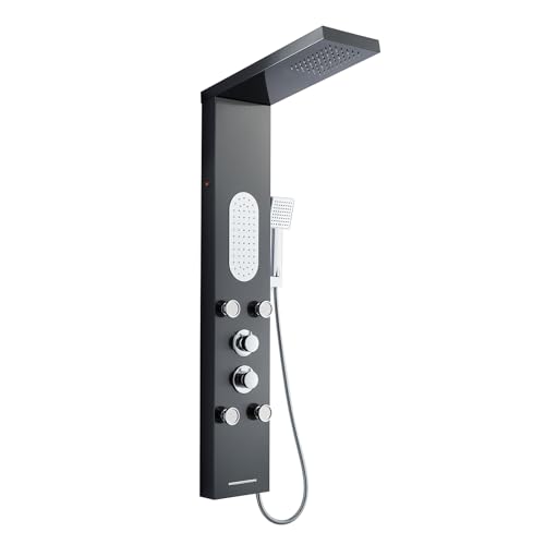 KEOKBON LED Duschpaneel mit Armatur Schwarz, 5 IN 1 Duschpaneele System mit Regendusche großer Massage Wanneneinlauf Handbrause, Duschpaneel Schwarz mit Armatur von KEOKBON