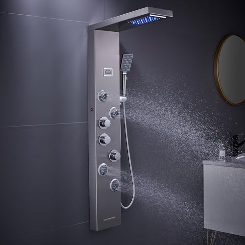 KEOKBON LED Duschpaneel mit Massagedüsen Regendusche Wasserfall Handbrause Badewanne Auslauf 5 Modi für Badezimmer Wandmontage Edelstahl Duschpaneele,aus gebürstetes Edelstahl 304 von KEOKBON