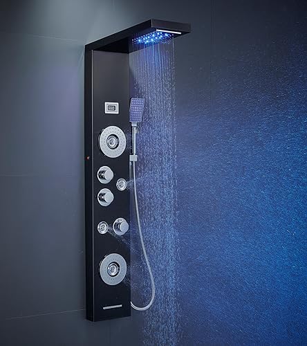 KEOKBON LED Edelstahl 304 Duschpaneel mit 5 Funktion (Massagedüsen Regendusche Wasserfall Handbrause Badewanne Auslauf für Badezimmer) Wandmontage Duschsystem,Schwarz von KEOKBON