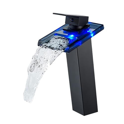 KEOKBON LED Schwarz Wasserfall Wasserhahn, RGB 3 Farbewechsel Waschtischarmatur Einhebelmischer mit Temperatursensor Waschbeckenarmatur Rostfreier Stahl 304 für Badezimmer, 2 Schlauches(G3/8" x 50cm ) KEOKBON LED Schwarz Wasserfall Wasserhahn, RGB 3 Farbewechsel Waschtischarmatur Einhebelmischer mit Temperatursensor Waschbeckenarmatur Rostfreier Stahl 304 für Badezimmer, 2 Schlauches(G3/8" x 50cm ) von KEOKBON