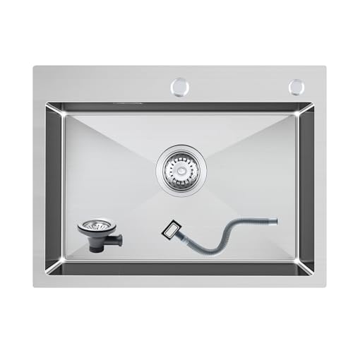 KEOKBON Spülbecken Edelstahl Eckig 60x45cm, Küchen Einbauspüle Groß ab 70er Schrank aus 304 Rostfreier Stahl, Handgefertigte Küchenspüle 1 Becken, Einbauspüle Edelstahl mit Hahnloch; Kitchen Sink von KEOKBON