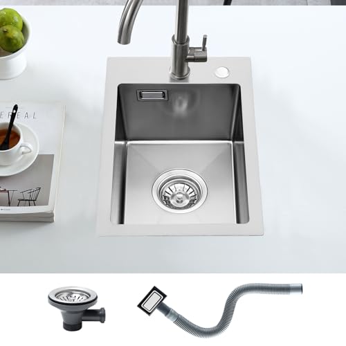 KEOKBON Spülbecken Nano Silber Edelstahl Eckig, 30 x 45cm Spüle Küche mit 2 Hahnloch, Einbauspüle 1 Becken inkl Siebkorbventil & Überlauf, Klein Küchenspüle Rechteckig, Kitchen Sink von KEOKBON