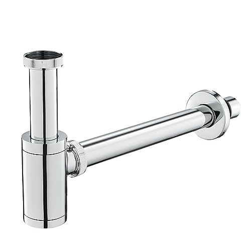 KEOKBON Universal- 1 1/4 Zoll x 32mm Siphon für Waschbecken & Waschtisch - Abflussgarnitur passgenau Röhrensiphon Syphon für Waschbecken und Waschtisch im Bad, langes Abflussrohr, Messing Chrom von KEOKBON