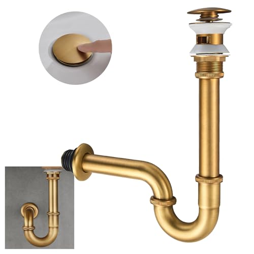 SET - Design Siphon mit Ablaufgarnitur mit Überlauf KEOKBON Siphon 1 1/4" x 32 mm Pop Up Ventil Ablaufgarnitur für Waschbecken und Waschtisch, Edelstahl Röhrensiphon Geruchsverschluss Antike Messing von KEOKBON