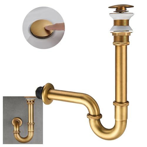 SET - Design Siphon mit Ablaufgarnitur ohne Überlauf KEOKBON Siphon 1 1/4" x 32 mm Pop Up Ventil Ablaufgarnitur für Waschbecken und Waschtisch, Edelstahl Röhrensiphon Geruchsverschluss Antike Messing von KEOKBON