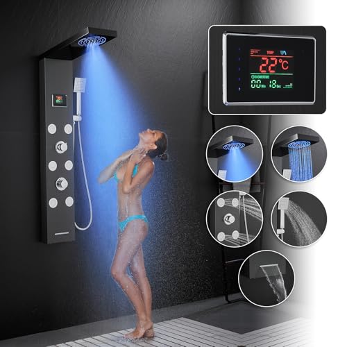 Schwarz Duschpaneel Led Batteriefreies KEOKBON Duschpaneele mit Armatur Zeit- und Temperaturanzeige 2-Modus(Spray und Regenfall) Kopfbrause 6 Massagedusche(Winkeleinstellbare) Handbrause Wanneneinlauf von KEOKBON