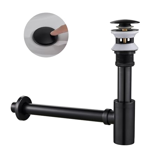 Siphon Universal für Waschbecken & Waschtisch, KEOKBON Syphon & Pop up Ventil Ablaufgarnitur mit Überlauf Stöpsel Abfluss Geruchsverschluss Reinigungsöffnung passgenau Röhrensiphon, ORB Schwarz von KEOKBON