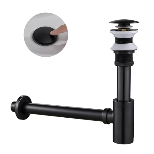 Siphon Universal für Waschbecken & Waschtisch, KEOKBON Syphon & Pop up Ventil Ablaufgarnitur ohne Überlauf Stöpsel Abfluss Geruchsverschluss Reinigungsöffnung passgenau Röhrensiphon, ORB Schwarz von KEOKBON