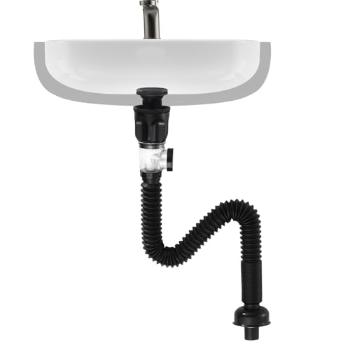Waschbecken Ablaufgarnitur Kit ohne Überlauf, KEOKBON Siphon Waschbecken Kits für Bad, WC, Küchenspüle, Ausziehbar Von 300-1000mm, Anti Verstopfung Geruch und Insekt Resistent PP Abflussrohr -Schwarz von KEOKBON
