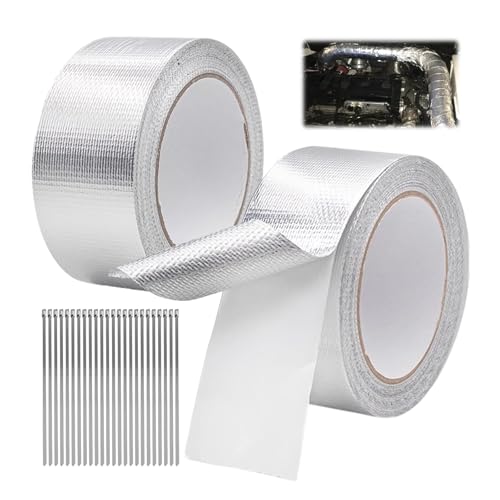 2 PCS Auspuff Dichtband Enthält 24 Kabelbinder, 10M x 5cm Hitzeschutzband Auspuff, Auspuff Hitzeschutzband Auspuffband Selbstklebend, Auspuff Reparaturset für Auto Motorrad Krümmer(Silber) von KEORHEZ
