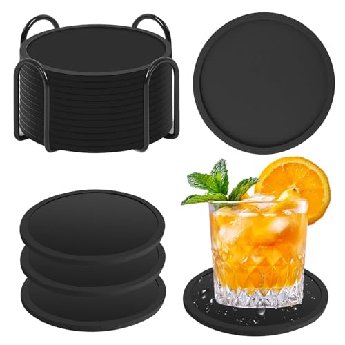 Silikon Untersetzer, 16er Set Getränkeuntersetzer, Untersetzer Gläser in Schwarz mit Halter für Getränke Bars, Cafés, Haus, Party, für alle Arten von Tassen (Schwarz) von KEORHEZ