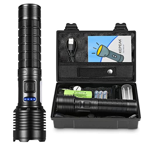 Taschenlampe Led Aufladbar, Led Taschenlampe Extrem Hell 5000 Lumen mit 5000mAh AKKU und 3pcs AAA Batterie, 7 Lichtmodi Taktische Taschenlampe Wasserdicht für Camping, Angeln, Outdoor, Notfälle von KEPEAK