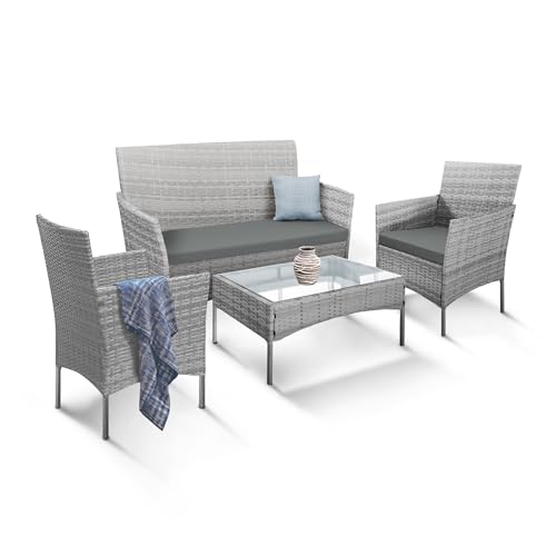 KEPLIN 4-teiliges Rattan Gartenmöbel Set – Outdoor Lounge Sofa, Stühle und Tisch Bistro Set für Rasen, Terrasse und Wintergarten – leicht zu verstauen, stapelbar, ideal um draußen zu Essen (Grau) von KEPLIN