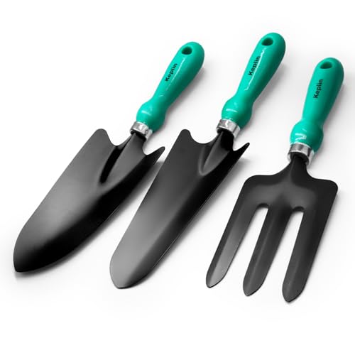 Keplin - 3-teiliges Gartenwerkzeug-Set – Karbonstahl-Klingen und PP-Griffe – inklusive Kelle, Umpflanzkelle und Gabel – langlebig und wetterfest – 11,5 cm Griffe – unverzichtbar zum Graben, Pflanzen von KEPLIN