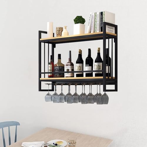 KEPMOGOH 2 Ebenen Industrielle Schmiedeeisen Weinregale, Wandmontage, Weinschrank Mit Gläserhaltern, Multifunktionales Holz Aufbewahrungsregal Für Zuhause, Bar, Restaurant, Küche (Size : 140cm/55in) von KEPMOGOH