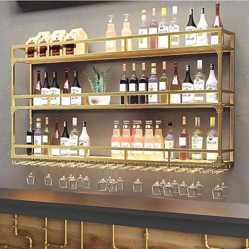 KEPMOGOH 3-stöckig Weinregal Wand aus Metall, Wandmontage Wine Display-Ständer, Bar Regal mit Glasregal, Wand Flaschenregal für Küche Bar-Einheiten, Restaurants und Zuhause (Gold, 200cm) von KEPMOGOH