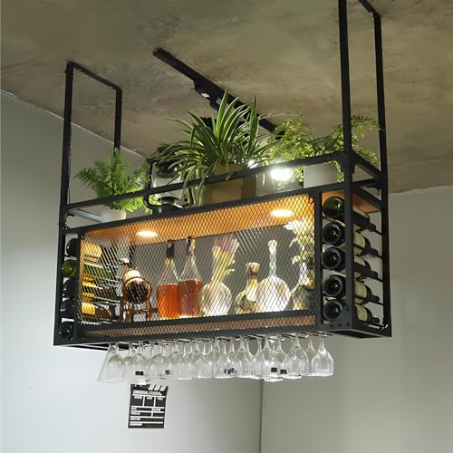 Hängendes Weinregal aus Metall mit LED-Licht, Decken-Weinglasregal, rustikaler, industrieller Weinflaschenhalter mit zwei Ebenen, Weinflaschen-, Kelch- und Stielglasregal für Bar, Café (80cm) Hängendes Weinregal aus Metall mit LED-Licht, Decken-Weinglasregal, rustikaler, industrieller Weinflaschenhalter mit zwei Ebenen, Weinflaschen-, Kelch- und Stielglasregal für Bar, Café (80cm) von KEPMOGOH