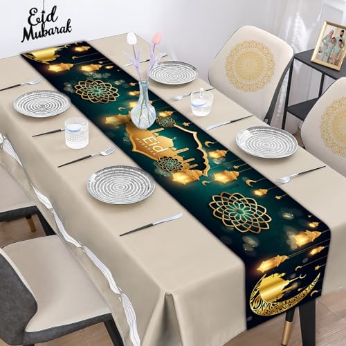 Eid Mubarak Tischläufer, Ramadan Tischdekoration Grün Gold Ramadan Mond Tischdecke Dekoration für Zuhause Esstisch Islamisches Happy Ramadan Mubarak Festival Party Feiern, 180 x 35 cm von KEPMOV