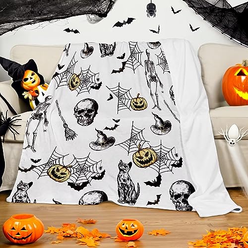 Halloween Kuscheldecke, Halloween Totenkopf Decke Bedruckt mit Skelett Mann Totenkopf Katze Hexe Hut Spinnennetz Kürbis für Männer Frauen, Flanell Fleece Halloween Decke für Sofa, 130 x 150 cm von KEPMOV