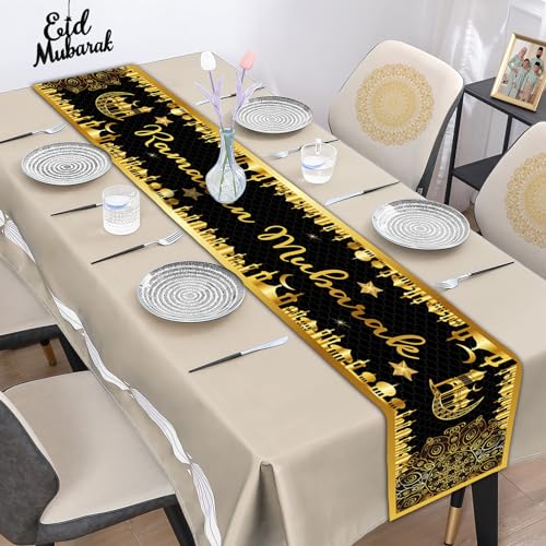 Ramadan Mubarak Tischläufer, Schwarz Gold Mubarak Dekorationen für Tisch, Islamische Ramadan Mubarak Tischdecke für Zuhause Esszimmer Muslimisch Ramadan Mubarak Festival Party Feiern, 180 x 35 cm von KEPMOV