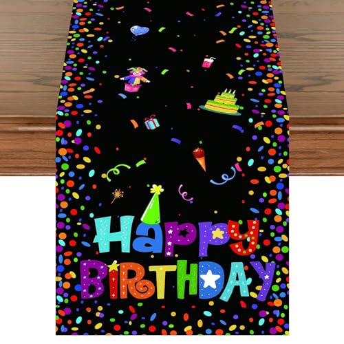 Table Geburtstag Tischläufer, Tischläufer Geburtstag Schwarz Tischdeko Geburtstag, Happy Birthday Tischläufer Tischdecke, Tischdekoration Geburtstag für Mädchen Jungen Geburtstag Dekoration von KEPMOV