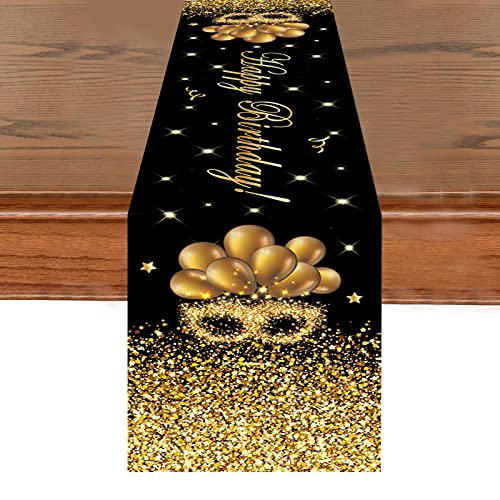 Tischläufer Geburtstag, Schwarz Gold Tischdeko Geburtstag, Happy Birthday Tischdecke Tischläufer, Tischdekoration Geburtstag für Mädchen Junge Frauen Männer Geburtstag Dekoration, 180 x 35 cm von KEPMOV