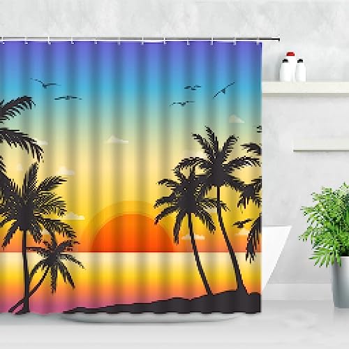 Dämmerung Sonnenuntergang Strand Duschvorhänge 3D-Druck Tropischer Ozean Palme Meereslandschaft Badewannenabtrennung Dekor Wasserdichter Badezimmervorhang XXL 100 x 200 cm (39 x 79 Zoll) Duschvorhang von KEPPD