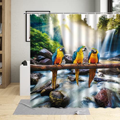 Duschvorhang, Dschungel, Wasserfall, Papagei, grüne Pflanzen, Vögel, Tiere, Natur, Landschaft, Polyester, für Kinder, Badezimmer, Dekoration mit 12 Haken, 100 x 200 cm (39 x 79 Zoll), Duschvorhang von KEPPD