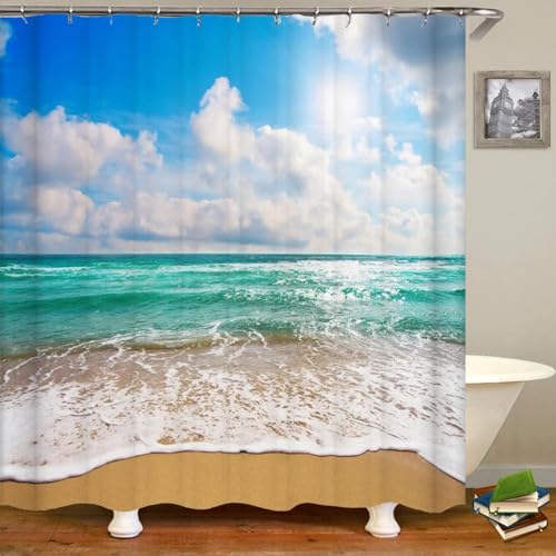 KEPPD 3D-Duschvorhänge mit Strandlandschaft, Verschiedene Größen, Meer, Ozean, Mittelmeer, Badezimmervorhang, Badvorhang aus Polyesterstoff, waschbar, XXL, 180 x 180 cm (71 x 71 Zoll), Duschvorhang von KEPPD