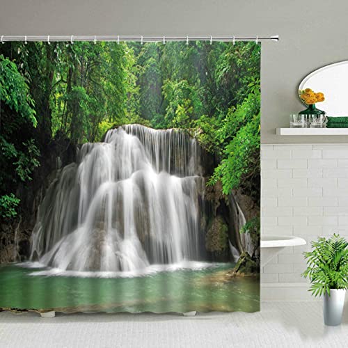 KEPPD 3D Wasserdichter Duschvorhang Wasserfall Wald Frühlingslandschaft Polyestergewebe Home Badezimmer Vorhang Waschbar Dekor Badvorhang 90X200cm Duschvorhang von KEPPD