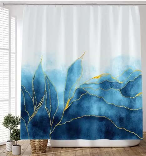 KEPPD Blau-Goldener Marmor-Duschvorhang, XXL-Gold, moderner Badezimmer-Vorhang, extra Lange Linie, gestreift, Polyester, wasserdichter Stoffbesatz, Haken, 110 x 220 cm (43 x 87 Zoll), Duschvorhang von KEPPD