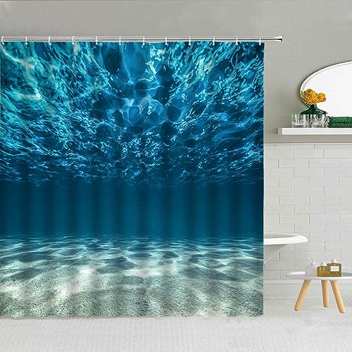 KEPPD Blauer Ozean-Duschvorhang mit Unterwasser-Strandlandschaft, Meerwasserreflexion, Badevorhang, mit 12 Haken, Hotelqualität, extra Langer 180 x 180 cm (71 x 71 Zoll) Duschvorhang von KEPPD