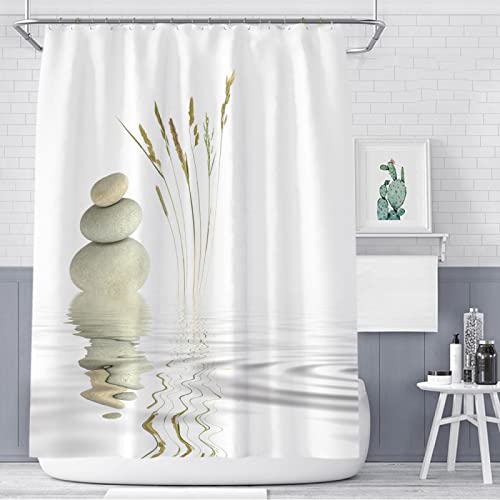 KEPPD Duschvorhang-Set mit Steinen und weißem Lotus im Wasser, Zen-SPA-Badezimmer, wasserdicht, extra lang, Polyester, Badewannendekoration, Stoff, 120 x 190 cm, Duschvorhang von KEPPD