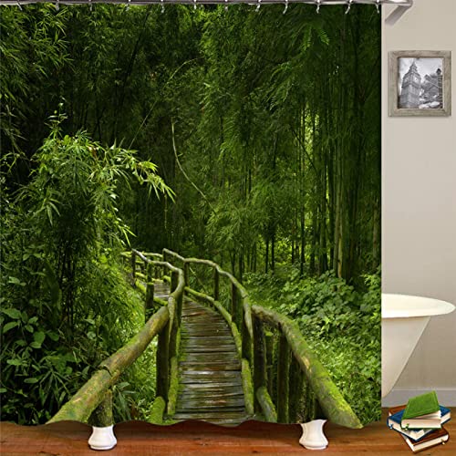 KEPPD Green Forest Tree Bridge Scenic Bedruckter moderner Duschvorhang, wasserdichter Vorhang in Mehreren Größen mit 12 Haken, Duschvorhang, 90 x 180 cm von KEPPD