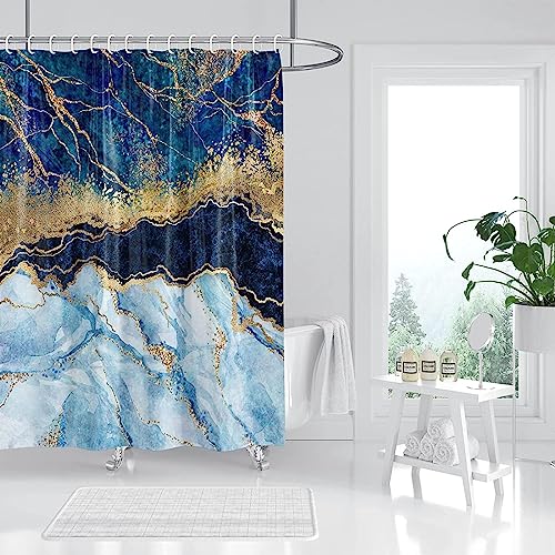 KEPPD Marmor-Duschvorhang, Blauer Vorhang, abstrakte luxuriöse goldene Glitzeradern, Texturvorhänge für Badezimmer, wasserdichter Stoff, waschbar, 170 x 170 cm (67 x 67 Zoll), Duschvorhang von KEPPD