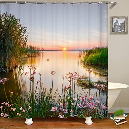 KEPPD Moderner 3D-Druck, Seewasser, Blumen-Duschvorhang, grüne Pflanze, Baum, Landschaft, Badvorhang mit 12 Haken, wasserdicht, Landschaft, XXL, 260 x 180 cm (102 x 71 Zoll), Duschvorhang von KEPPD