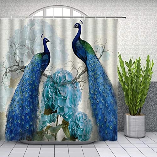 KEPPD Pfau Duschvorhänge Blau Schöner Vogel Blume Pflanze Extra Lang Aquarelldruck Badezimmervorhang Badewannendekor Polyestertuch-XXL 200X220cm Duschvorhang von KEPPD