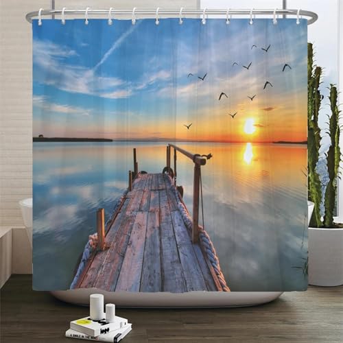 KEPPD Sonnenuntergang Naturlandschaft Duschvorhang Landschaft Pier Druck Badezimmer Vorhänge Badewanne Dekor Wasserdichter Polyester Vorhang-XXL 280x200cm(110X79inch) Duschvorhang von KEPPD