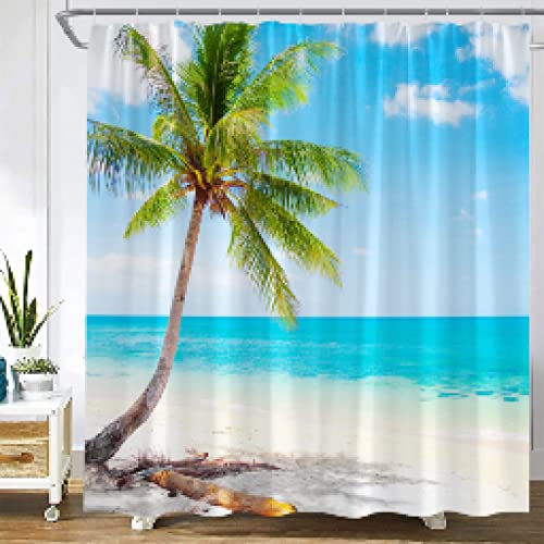 KEPPD Strand-Duschvorhänge, tropischer Ozean, Palme, Natur, Landschaft, Stoff, Badezimmervorhang, extra lang, wasserdichter Stoff, waschbar, XXL, 90 x 200 cm, Duschvorhang von KEPPD